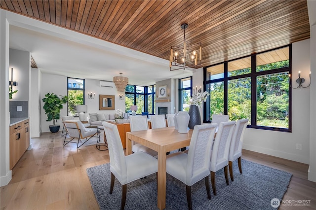 8004 39th Ave SW, Seattle, WA 98136 - dining room featuring a chandelier, a wall mounted AC, healthy amount of natural light, baseboards, and wooden ceiling