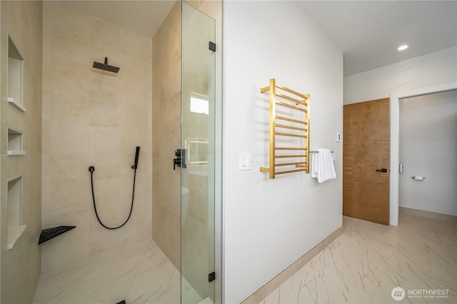 8004 39th Ave SW, Seattle, WA 98136 - full bath featuring a shower stall, radiator, marble tiled flooring, and a towel warmer