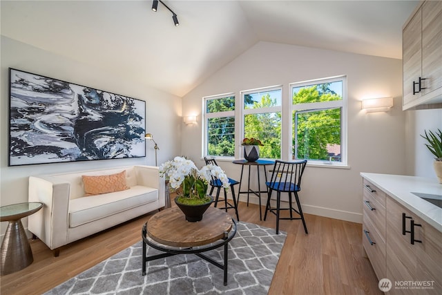 8004 39th Ave SW, Seattle, WA 98136 - living room featuring wood finished floors, baseboards, and lofted ceiling