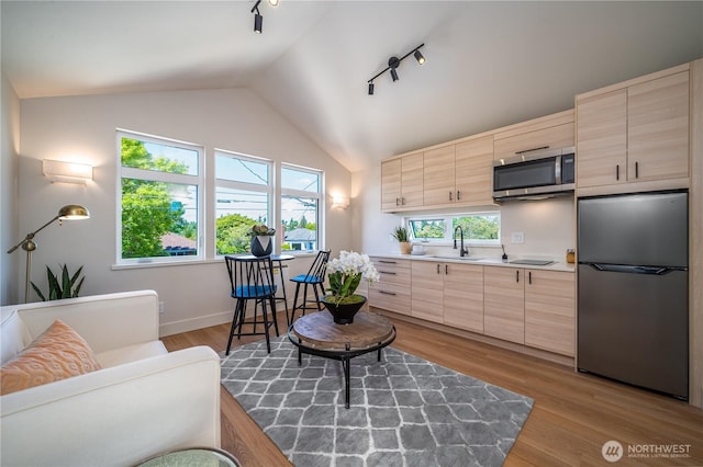 8004 39th Ave SW, Seattle, WA 98136 - living area featuring plenty of natural light, track lighting, lofted ceiling, wood finished floors, and baseboards