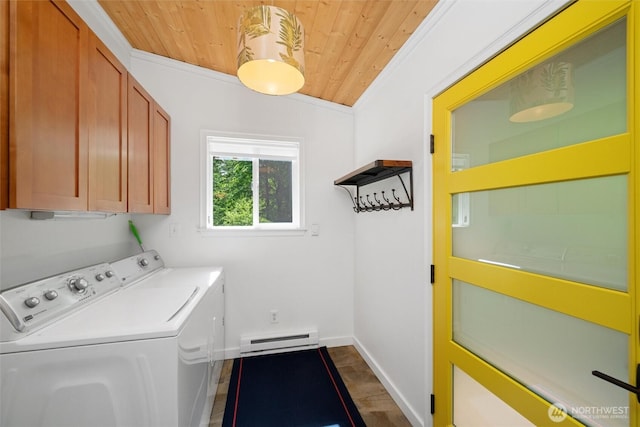 1188 Island Dr, Lummi Island, WA 98262 - laundry area featuring a baseboard heating unit, wood ceiling, independent washer and dryer, cabinet space, and baseboards