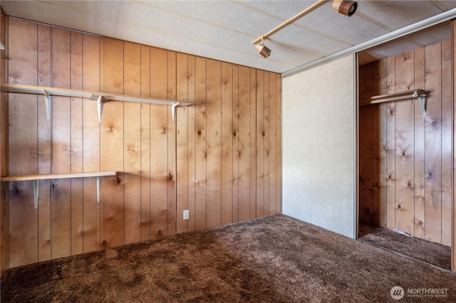 131 Victoria Loop NE, Ocean Shores, WA 98569 - unfurnished bedroom featuring carpet flooring, wood walls, and track lighting