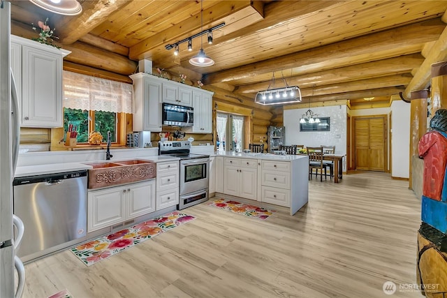 19219 SE 299th Pl, Kent, WA 98042 - kitchen with stainless steel appliances, wood ceiling with exposed beams, light countertops, light wood finished floors, and log walls