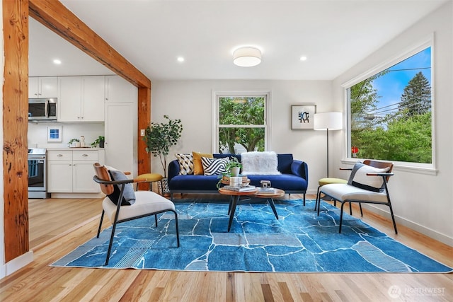 369 NW 49th St, Seattle, WA 98107 - living room with healthy amount of natural light, light wood-type flooring, recessed lighting, and baseboards