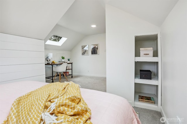 369 NW 49th St, Seattle, WA 98107 - bedroom with lofted ceiling, carpet flooring, a skylight, baseboards, and an office area