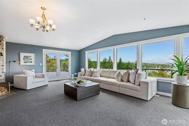 573 Klamath Dr, La Conner, WA 98257 - living room with vaulted ceiling, a chandelier, carpet floors, french doors, and baseboards