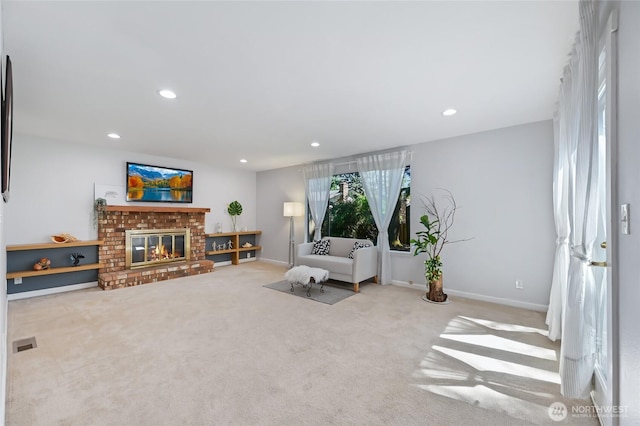 14208 93rd Ave NE, Kirkland, WA 98034 - carpeted living area featuring recessed lighting, baseboards, and a brick fireplace
