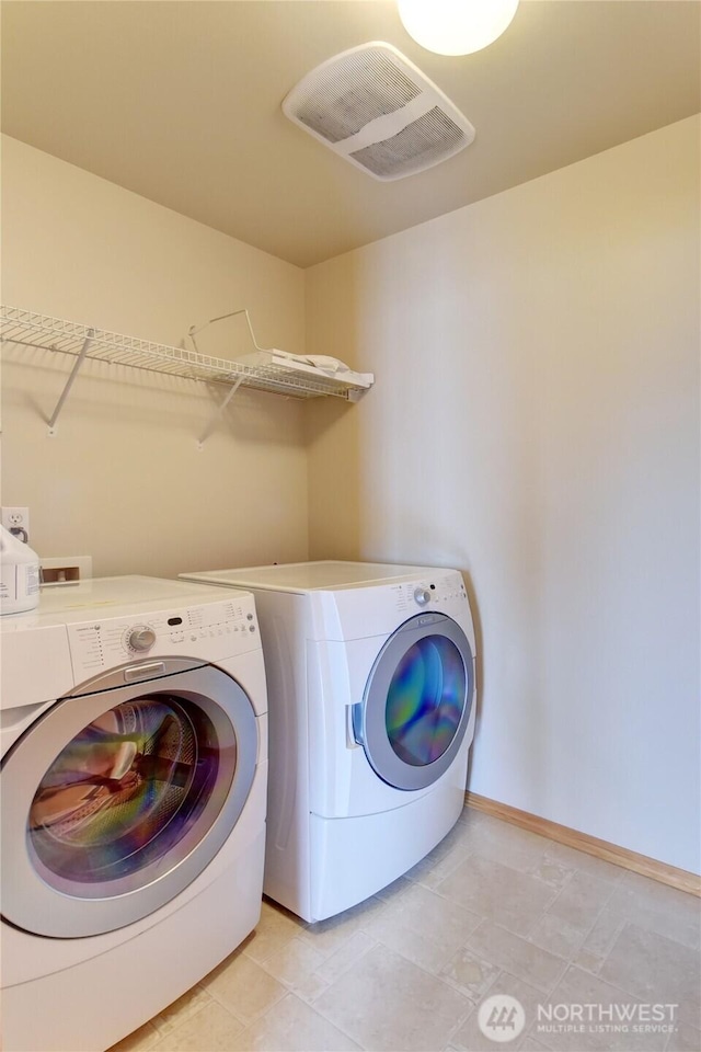 19402 NE 68th Way, Redmond, WA 98052 - laundry area featuring washer and clothes dryer, baseboards, and light tile patterned floors
