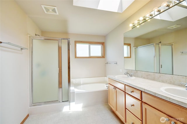 19402 NE 68th Way, Redmond, WA 98052 - full bath featuring a skylight, a stall shower, and double vanity