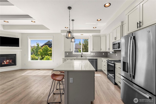 1007 Racine Springs Dr, Wenatchee, WA 98801 - kitchen featuring stainless steel appliances, open floor plan, a breakfast bar area, light wood-type flooring, and backsplash