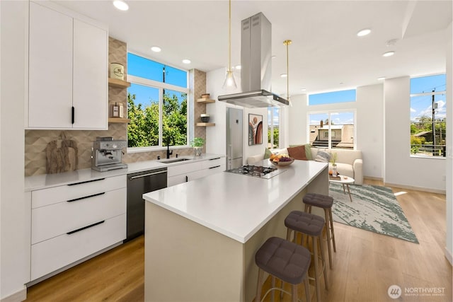 4306 S Holden St, Seattle, WA 98118 - kitchen with open shelves, stainless steel appliances, island exhaust hood, a sink, and a center island