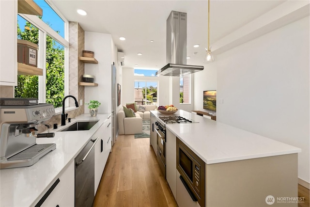 4306 S Holden St, Seattle, WA 98118 - kitchen featuring a sink, modern cabinets, stainless steel appliances, open shelves, and open floor plan