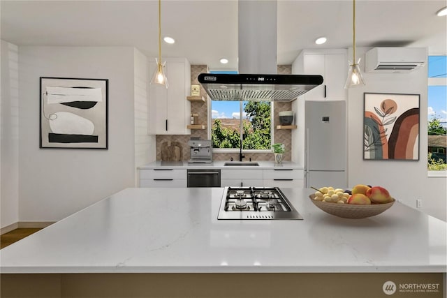 4306 S Holden St, Seattle, WA 98118 - kitchen with freestanding refrigerator, a wall mounted air conditioner, extractor fan, open shelves, and backsplash