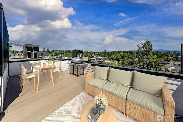 4306 S Holden St, Seattle, WA 98118 - wooden deck with an outdoor living space, a grill, and outdoor dining area