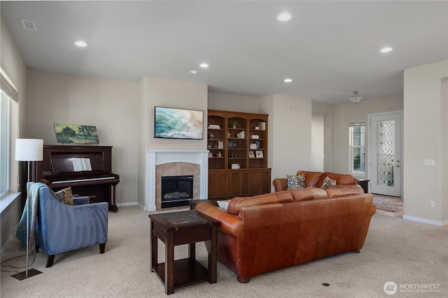 4972 Spokane St NE, Lacey, WA 98516 - living room with light colored carpet, recessed lighting, and a tiled fireplace