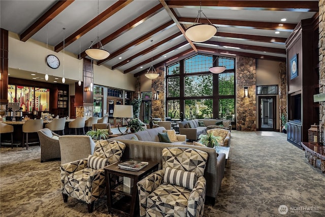 4972 Spokane St NE, Lacey, WA 98516 - living room featuring high vaulted ceiling, beamed ceiling, carpet floors, and a community bar