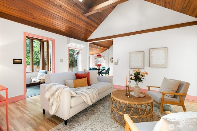 7141 47th Ave SW, Seattle, WA 98136 - living area with wood ceiling with exposed beams, a wall unit AC, light wood-style flooring, baseboards, and high vaulted ceiling