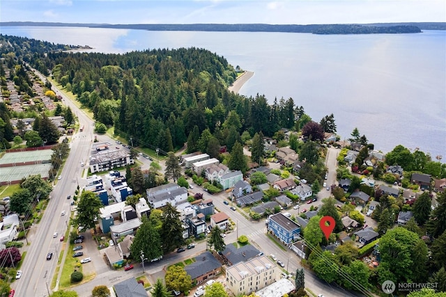7141 47th Ave SW, Seattle, WA 98136 - aerial view of property and surrounding area featuring a nearby body of water and a heavily wooded area