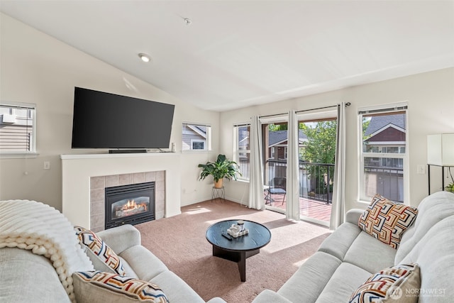 2143 Hammond Ave Unit E10, Dupont, WA 98327 - living room with carpet floors, lofted ceiling, and a fireplace