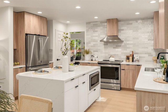 16302 NE 104th St, Redmond, WA 98052 - kitchen with appliances with stainless steel finishes, wall chimney range hood, a sink, modern cabinets, and tasteful backsplash