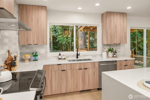 16302 NE 104th St, Redmond, WA 98052 - kitchen with stainless steel dishwasher, a sink, modern cabinets, wall chimney range hood, and recessed lighting