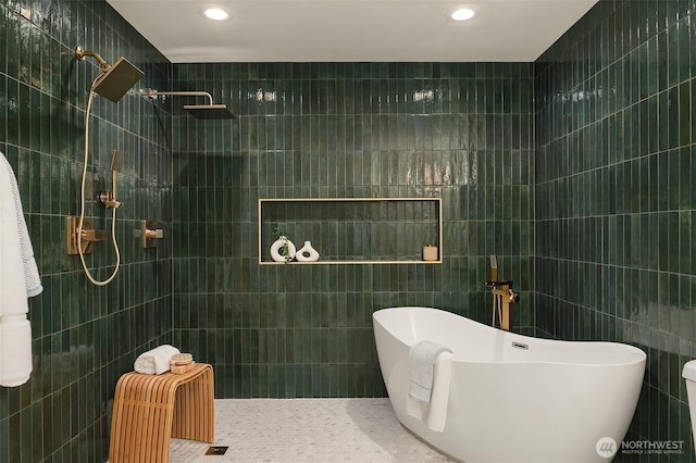 16302 NE 104th St, Redmond, WA 98052 - full bathroom featuring tile walls, a freestanding bath, walk in shower, and recessed lighting