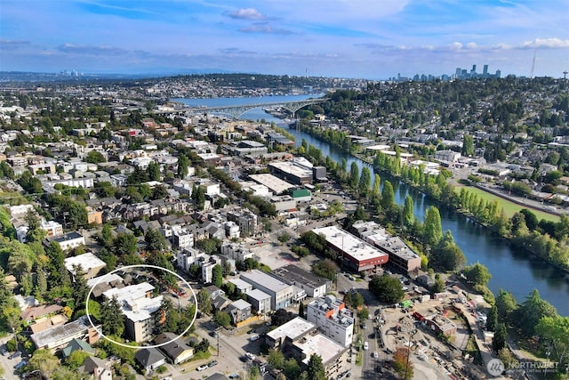 120 NW 39th St Unit 406, Seattle, WA 98107 - aerial overview of property's location with a nearby body of water and a notable bridge