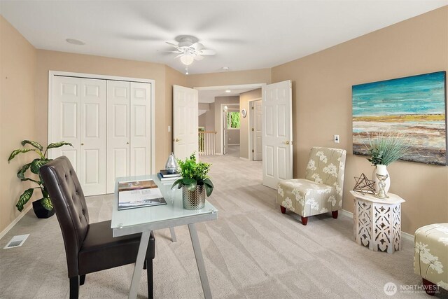 15606 Country Club Dr Unit B, Bothell, WA 98012 - office area featuring light carpet, baseboards, and a ceiling fan