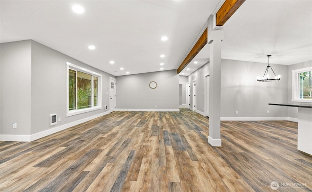 3107 34th Street Ct E, Tacoma, WA 98443 - unfurnished living room featuring a chandelier, recessed lighting, baseboards, and wood finished floors