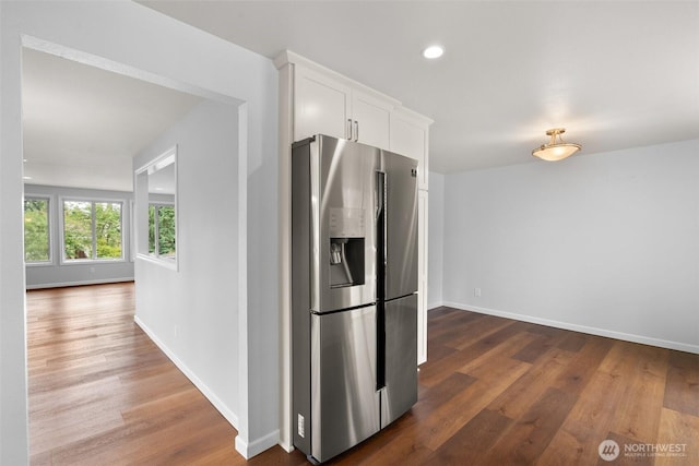 13304 SE 248th Pl, Kent, WA 98042 - kitchen with stainless steel refrigerator with ice dispenser, dark wood-style floors, white cabinets, and recessed lighting