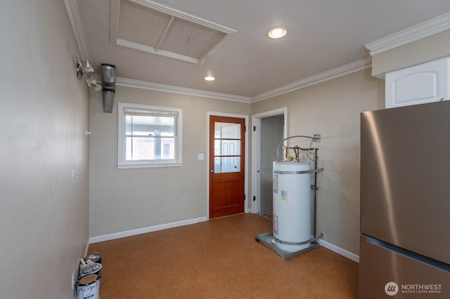 614 E Main Ave, Soap Lake, WA 98851 - doorway featuring strapped water heater, crown molding, baseboards, and recessed lighting