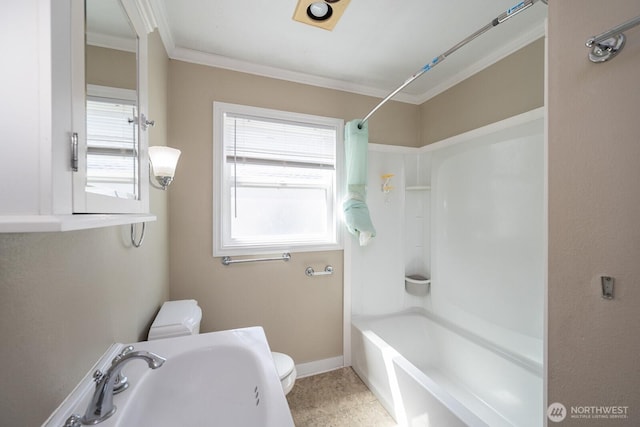 614 E Main Ave, Soap Lake, WA 98851 - bathroom with toilet, crown molding, bathing tub / shower combination, a sink, and baseboards