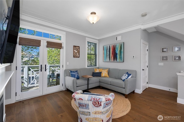 29 Laurel Ln, Pacific Beach, WA 98571 - living area featuring french doors, wood-type flooring, baseboards, and ornamental molding