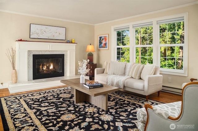 8724 Main St, Edmonds, WA 98026 - living area featuring ornamental molding, baseboard heating, wood finished floors, and a premium fireplace