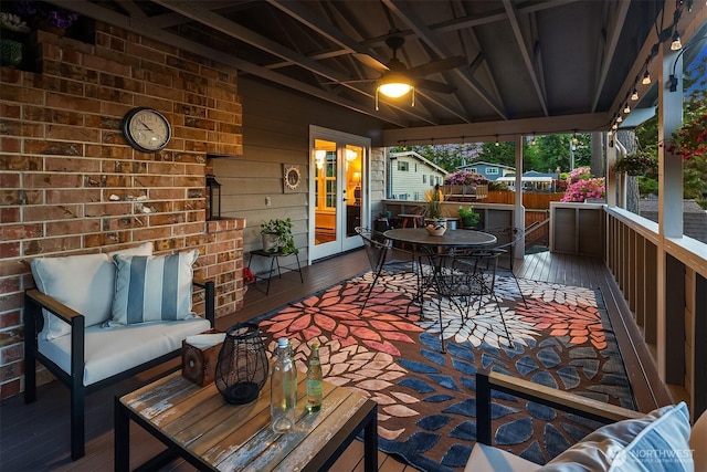 8724 Main St, Edmonds, WA 98026 - view of patio featuring french doors, outdoor dining space, an outdoor hangout area, a ceiling fan, and a wooden deck
