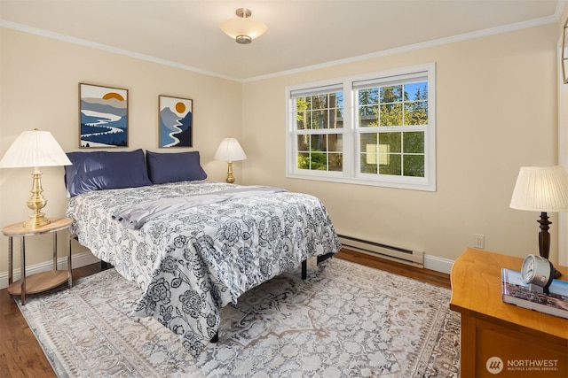8724 Main St, Edmonds, WA 98026 - bedroom with a baseboard radiator, wood finished floors, ornamental molding, and baseboards