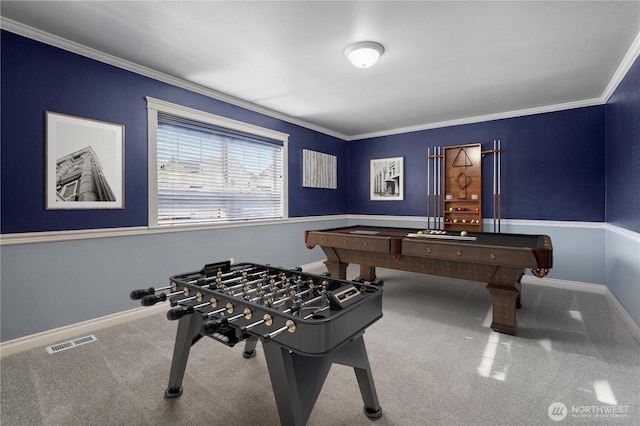 13374 SE 308th Ct, Auburn, WA 98092 - recreation room featuring carpet flooring, billiards table, ornamental molding, and baseboards