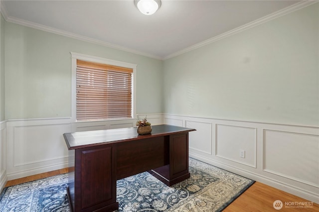 13374 SE 308th Ct, Auburn, WA 98092 - home office featuring crown molding, a wainscoted wall, wood finished floors, and a decorative wall
