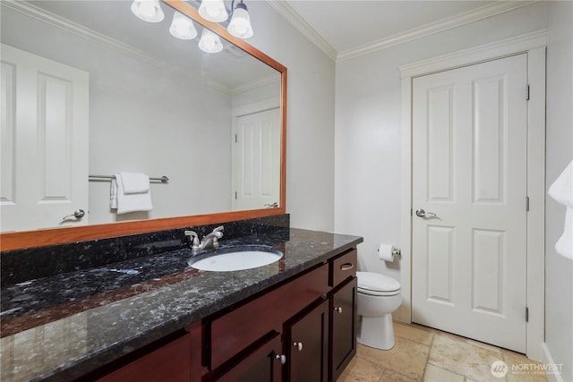 13374 SE 308th Ct, Auburn, WA 98092 - bathroom with vanity, toilet, crown molding, and stone finish floors