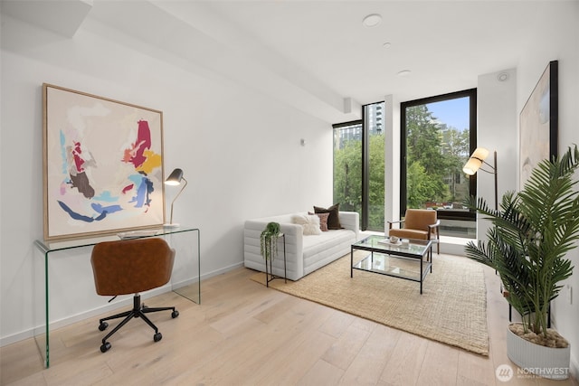 999 110th Ave NE Unit 202, Bellevue, WA 98004 - living room with expansive windows, wood finished floors, and baseboards