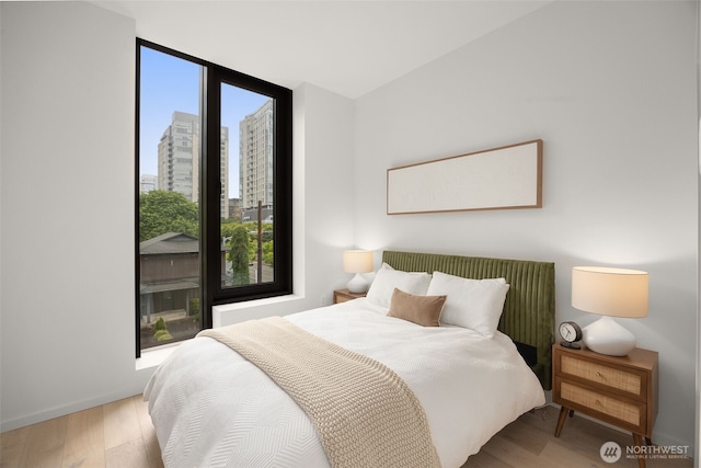 999 110th Ave NE Unit 202, Bellevue, WA 98004 - bedroom featuring multiple windows, wood finished floors, floor to ceiling windows, and a city view