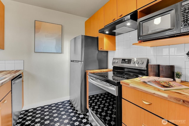 330 W Olympic Pl Unit 302, Seattle, WA 98119 - kitchen featuring appliances with stainless steel finishes, exhaust hood, butcher block countertops, dark floors, and backsplash