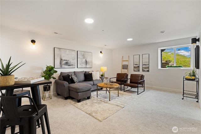 5134 S Wallace St, Seattle, WA 98178 - living area featuring light carpet, baseboards, and recessed lighting
