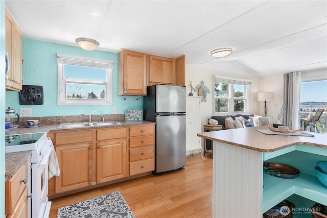 7535 Sunset Dr, Blaine, WA 98230 - kitchen featuring freestanding refrigerator, a sink, white range with electric cooktop, light wood-style floors, and plenty of natural light