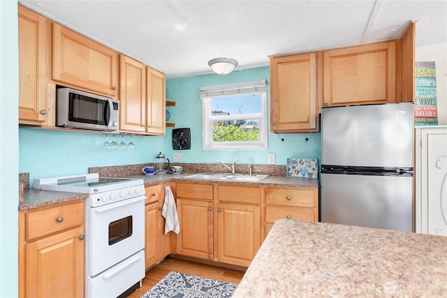 7535 Sunset Dr, Blaine, WA 98230 - kitchen with appliances with stainless steel finishes, a sink, light brown cabinetry, light wood-style flooring, and light countertops
