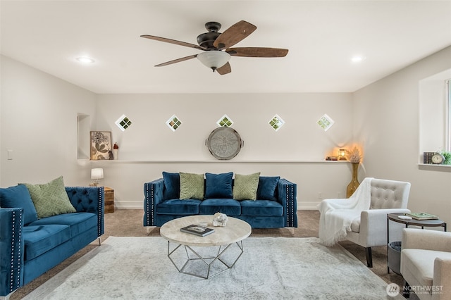 110 E Sea Breeze Dr, Grapeview, WA 98546 - living room featuring carpet, ceiling fan, baseboards, and recessed lighting