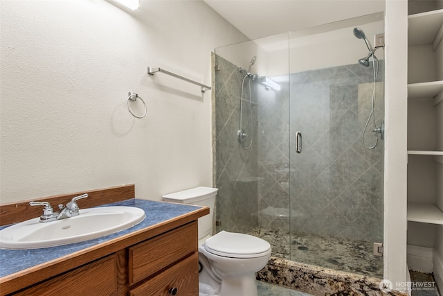 110 E Sea Breeze Dr, Grapeview, WA 98546 - bathroom with toilet, a shower stall, and vanity