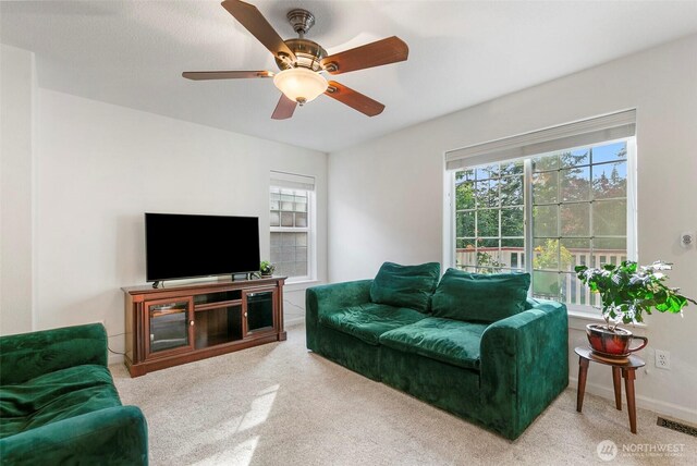 34821 NE Gable Ave, La Center, WA 98629 - carpeted living area featuring a ceiling fan