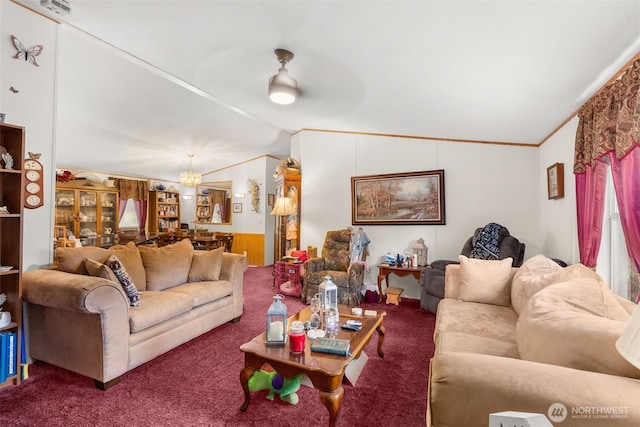 1201 8th St, Vader, WA 98593 - living room with carpet, a chandelier, vaulted ceiling, and ceiling fan