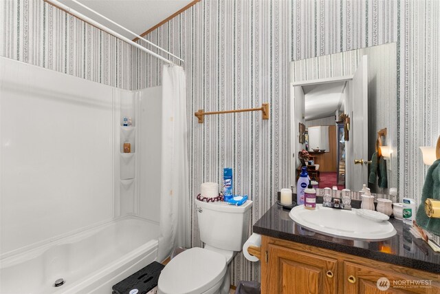 1201 8th St, Vader, WA 98593 - full bath with vanity, wallpapered walls, and toilet